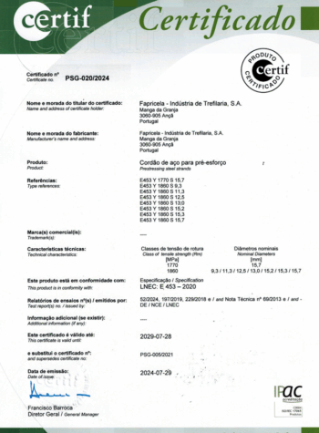 CERTIF – Cordão de aço para pré-esforço