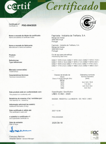 CERTIF – Fio de aço para pré-esforço