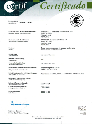 CERTIF – Rede electrossoldada de pequeno diâmetro