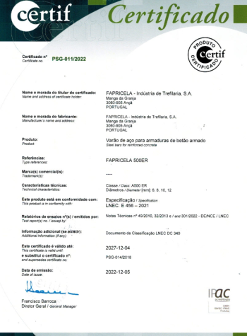 CERTIF – Varão de aço para armaduras de betão armado